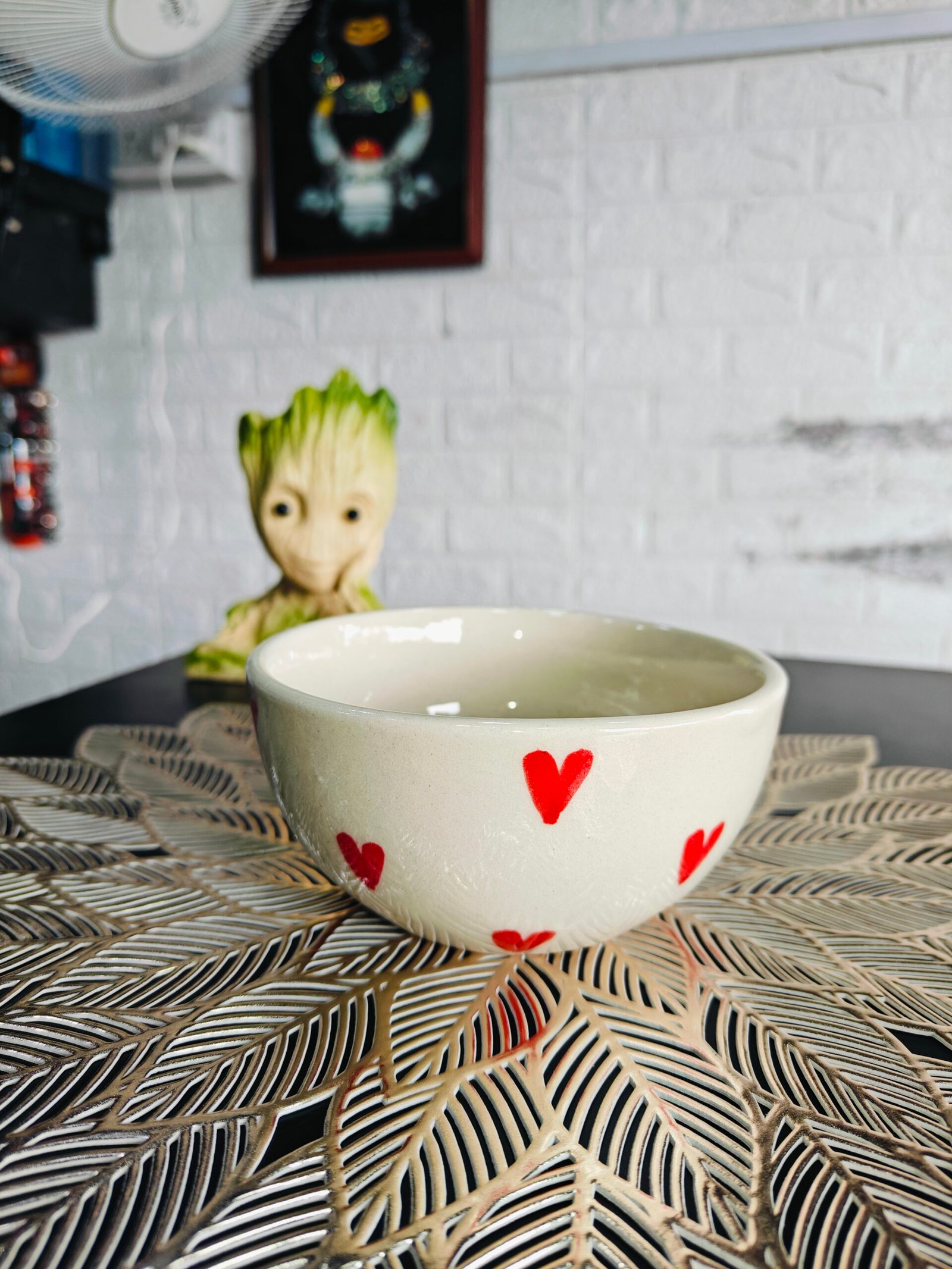 Charming White Ceramic Bowl with Heart Print