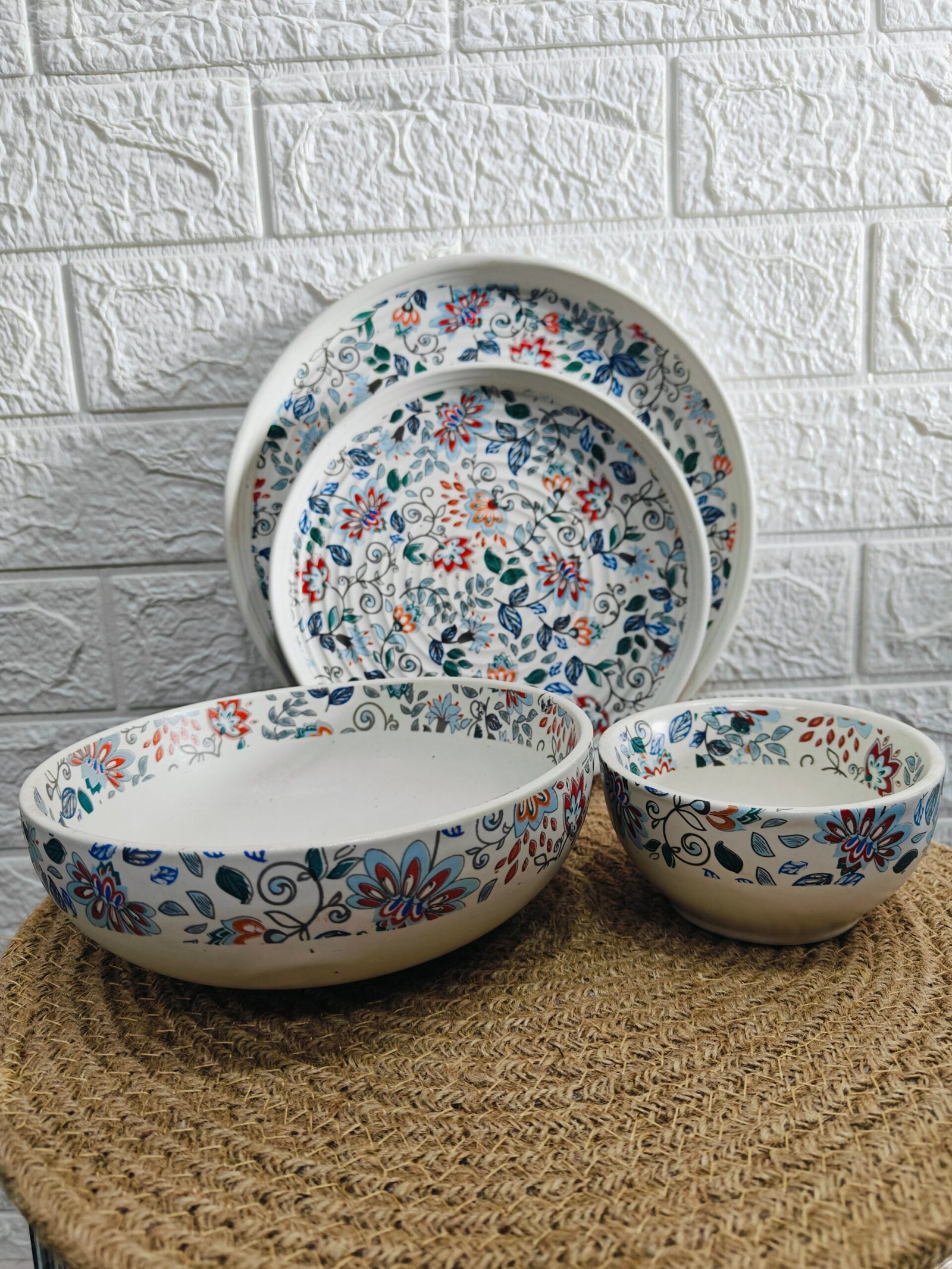 Ceramic Flat Dinner Set(set of 4): Floral Print