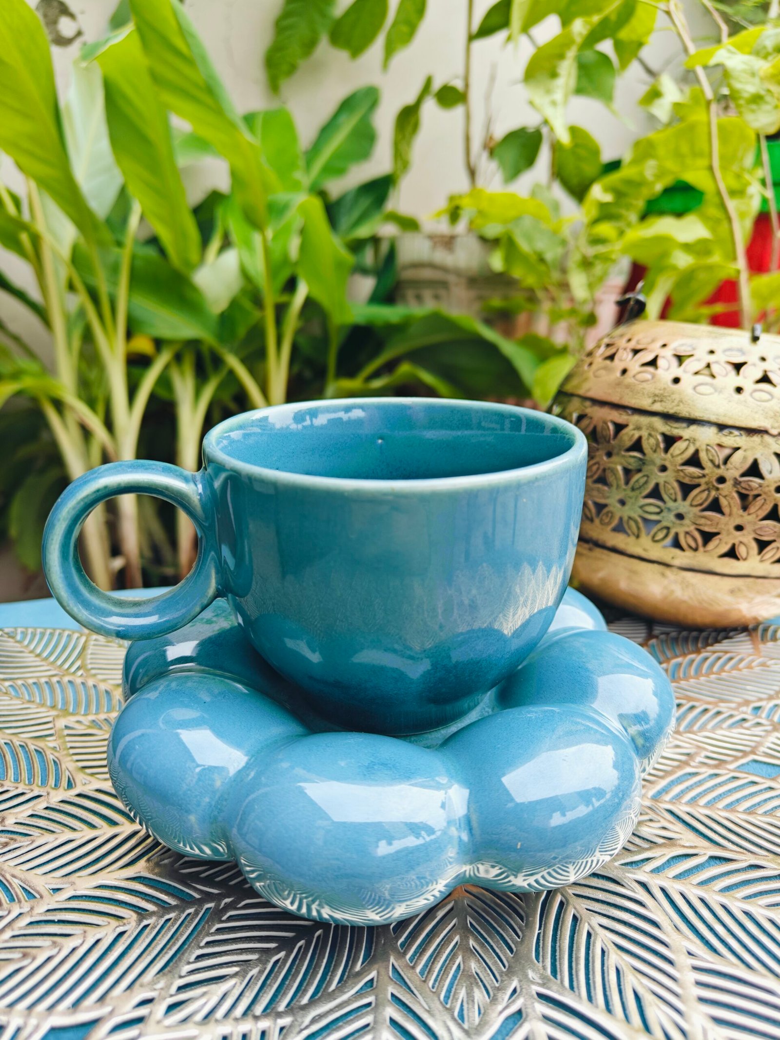 Cobalt Blue Ceramic Cup with Bubble Saucer