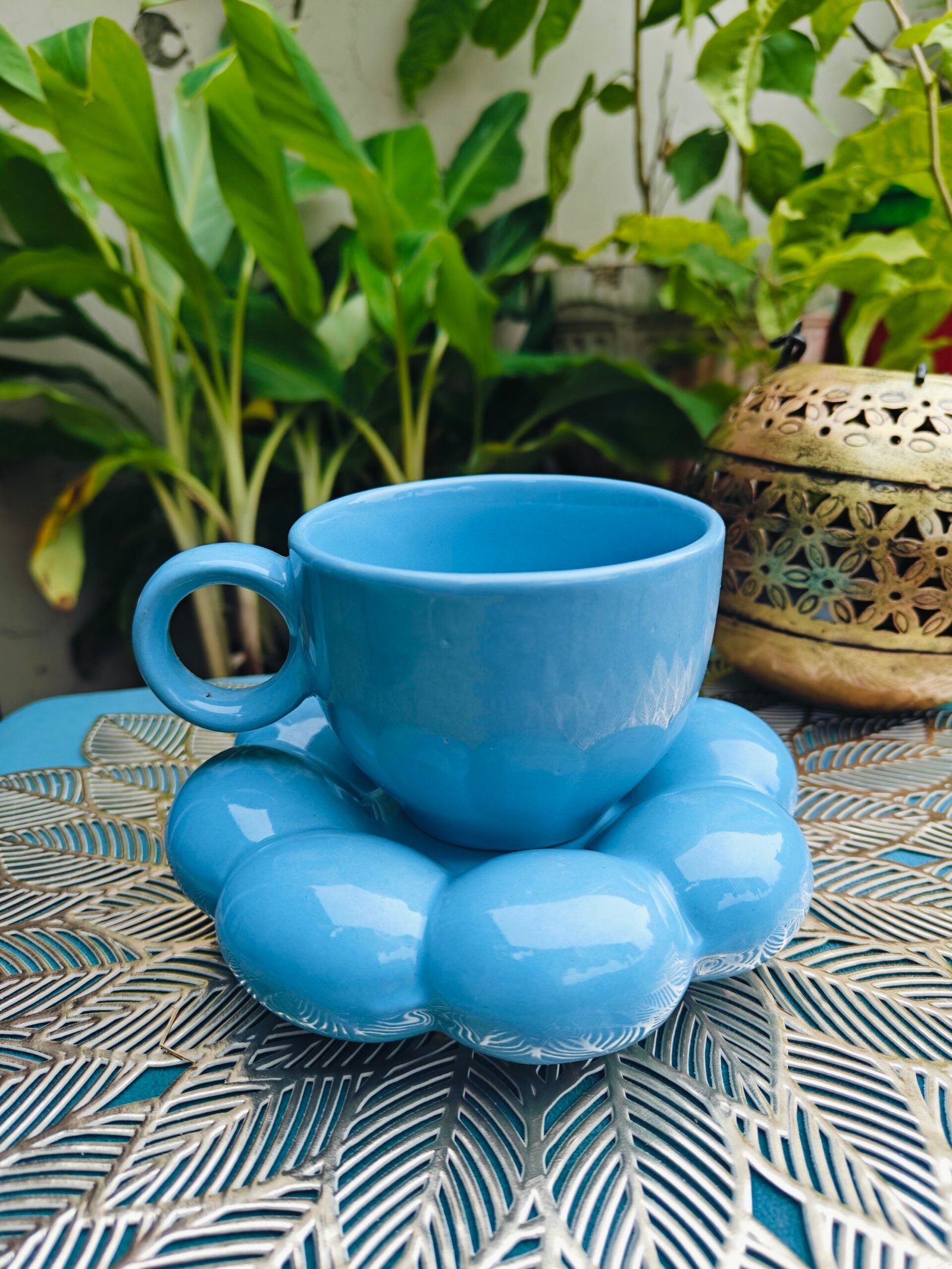 Navy Blue Ceramic Cup with Bubble Saucer