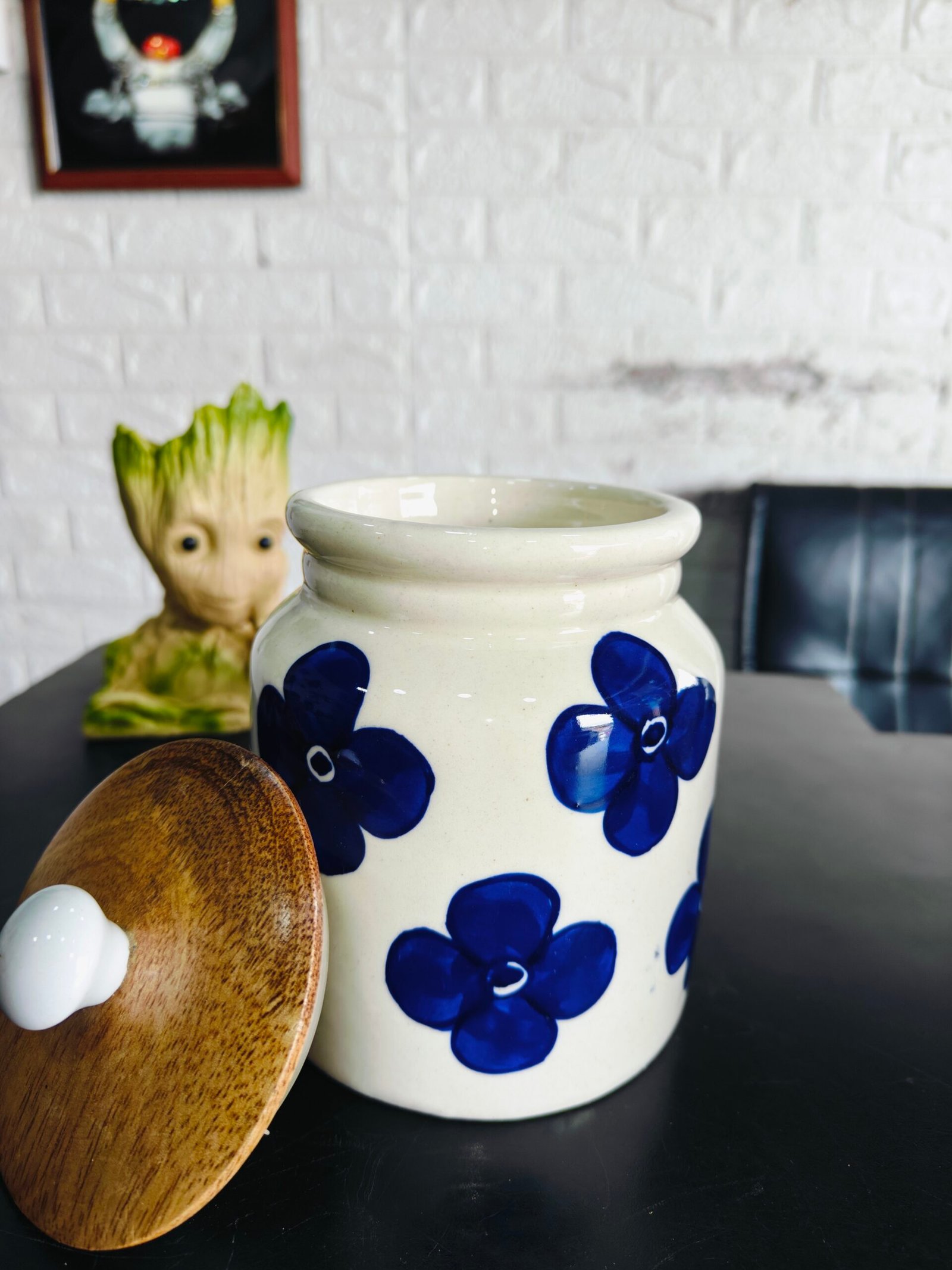 Ceramic White Jar with Blue Flower Print and Wooden Air tight Lid
