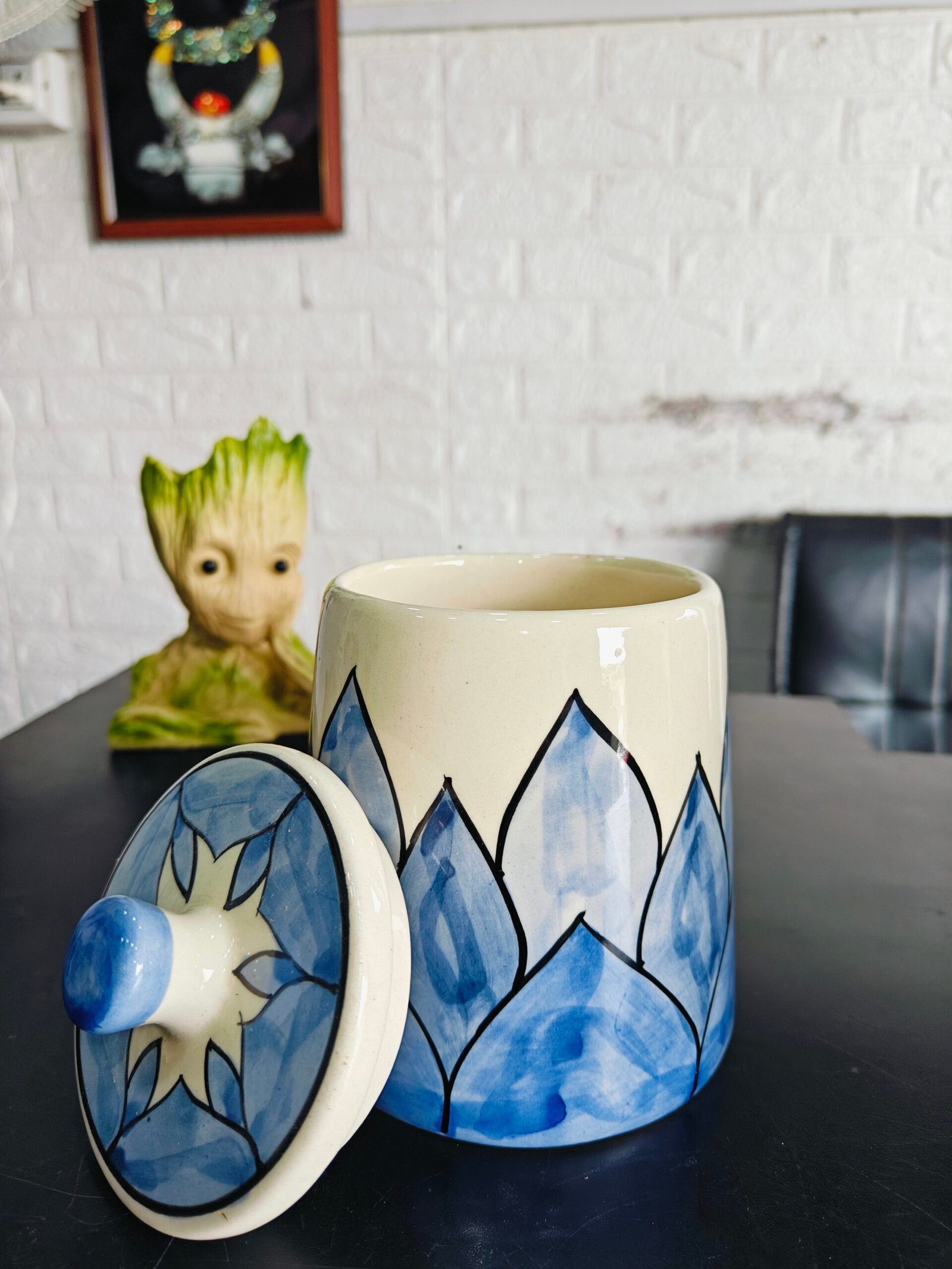 Ceramic Bowl with Lid and Blue Leaf Print