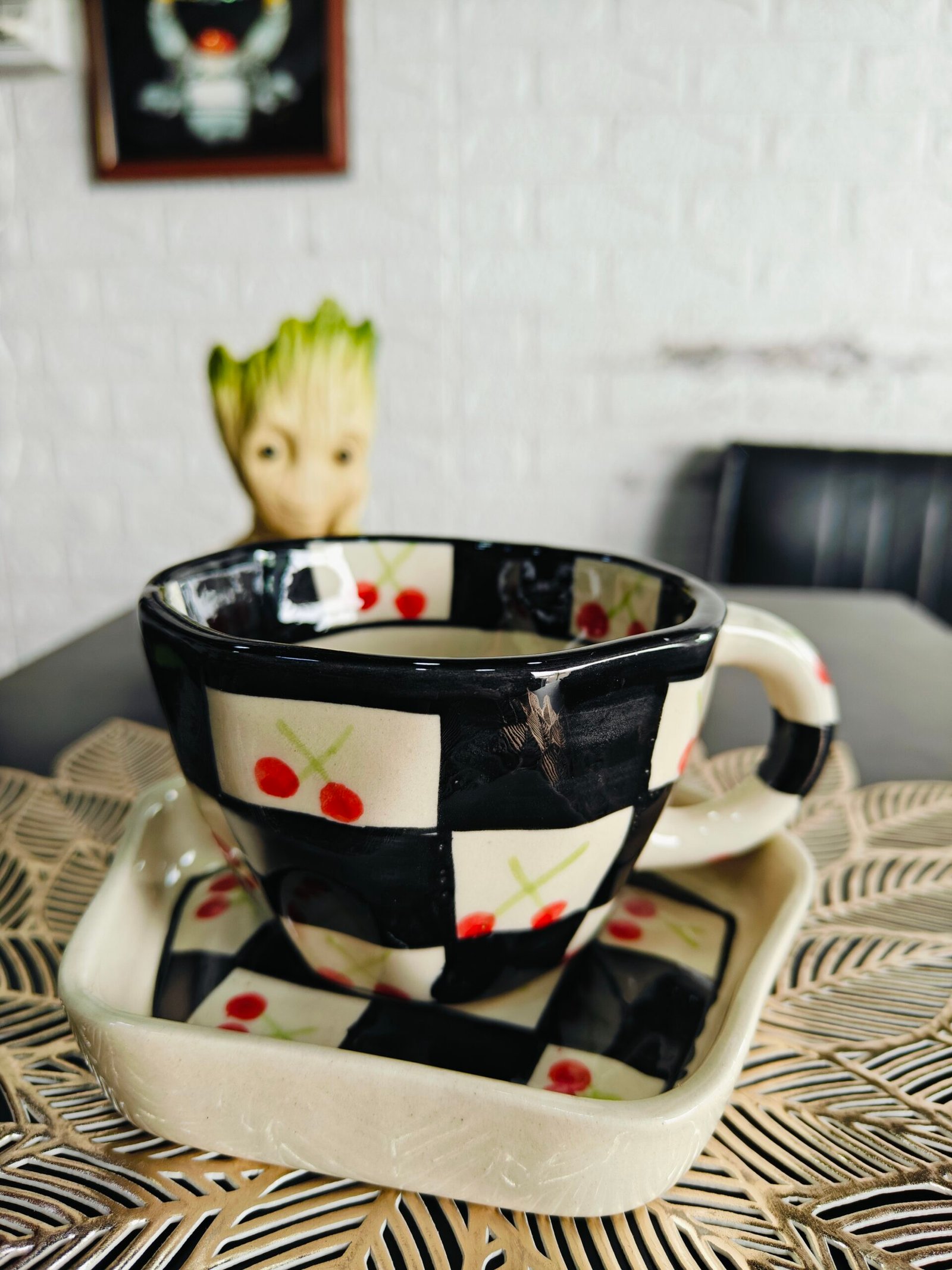 Ceramic Mug with Saucer: Check and Cherry print