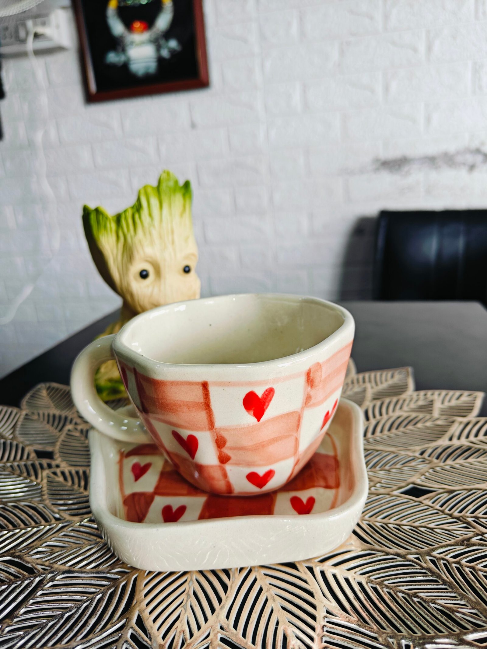 Ceramic Mug with Saucer :Check Heart Print