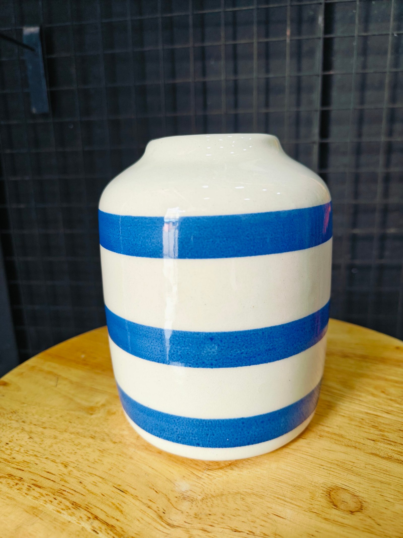 Ceramic Vase with White and Blue Stripes