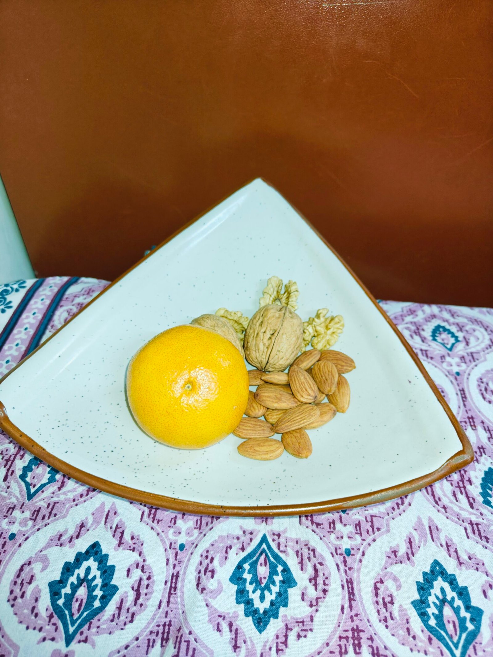 Ceramic Triangle Platter: White with Brown Border