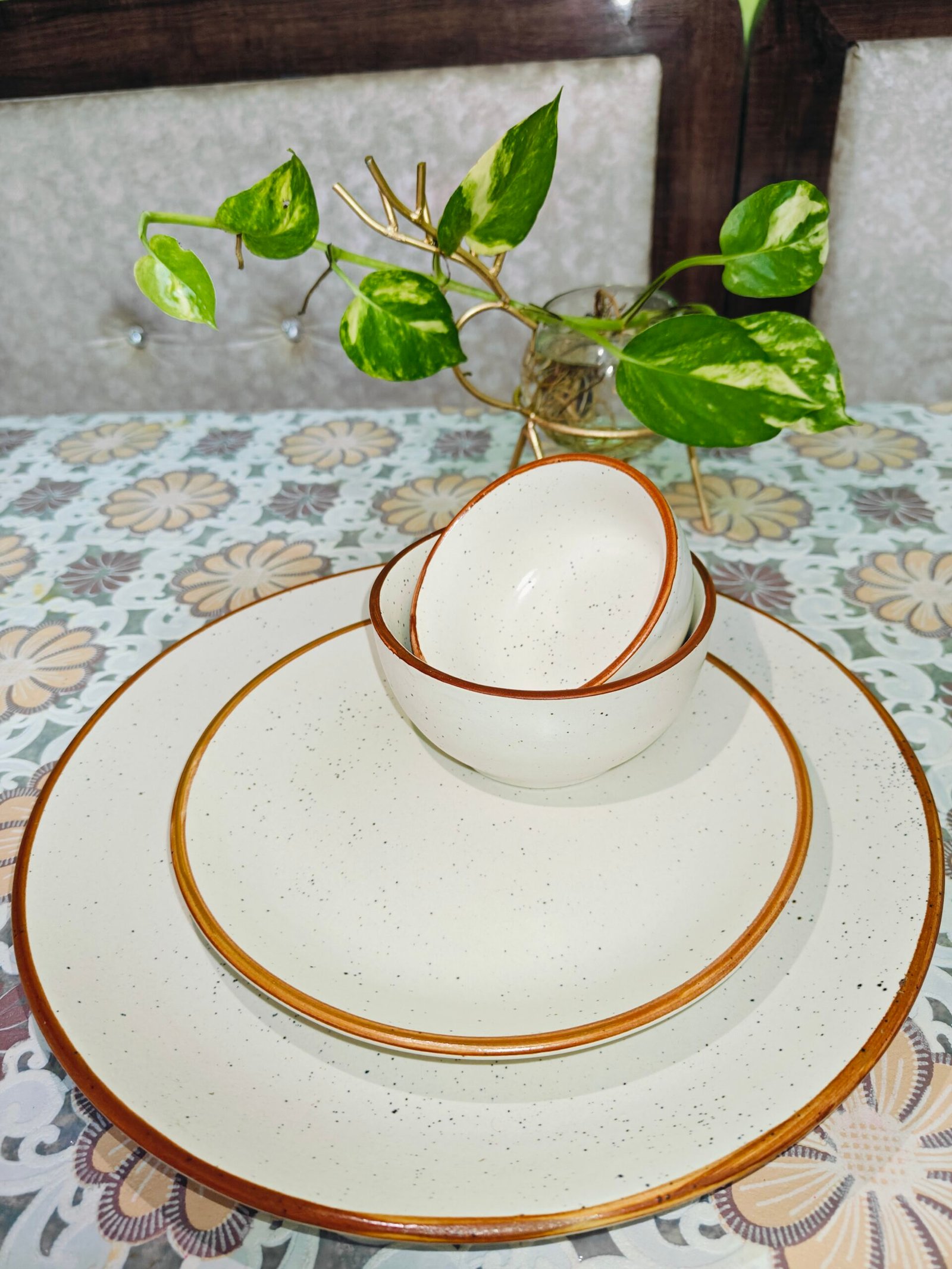 Plane Plate & Bowl (set of 4) :White with Brown Borders