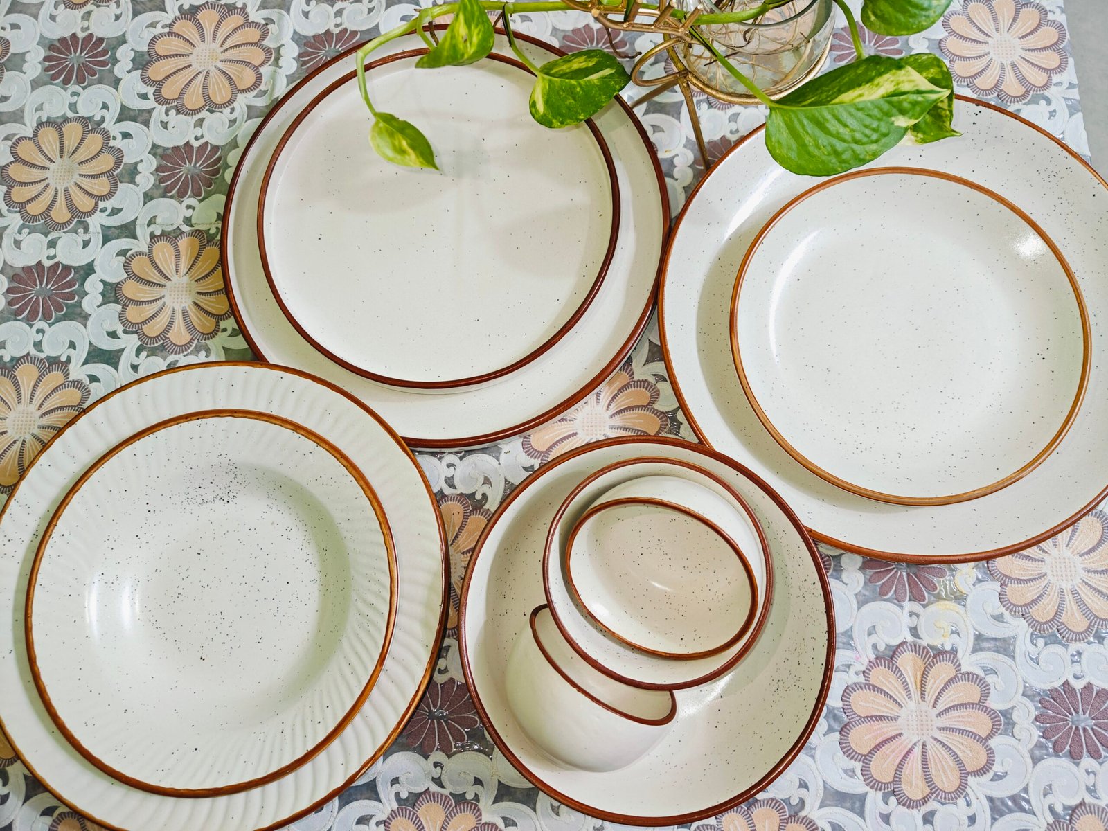 Ceramic Dinner Set ( set of 10): White with Brown Border