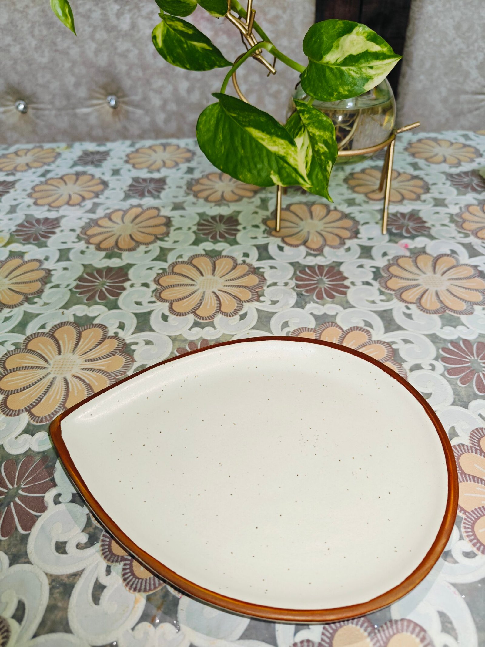 Ceramic Almond Platter : Off-White with Brown Border