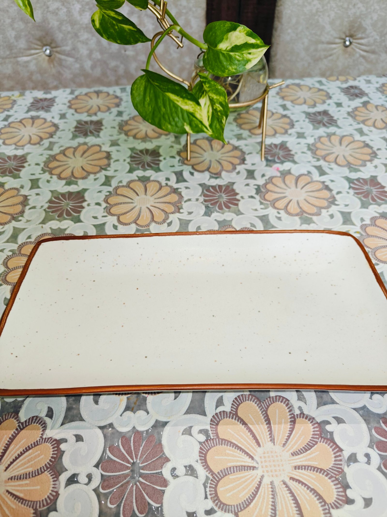Ceramic Rectangle Platter : Off-White with Brown Border