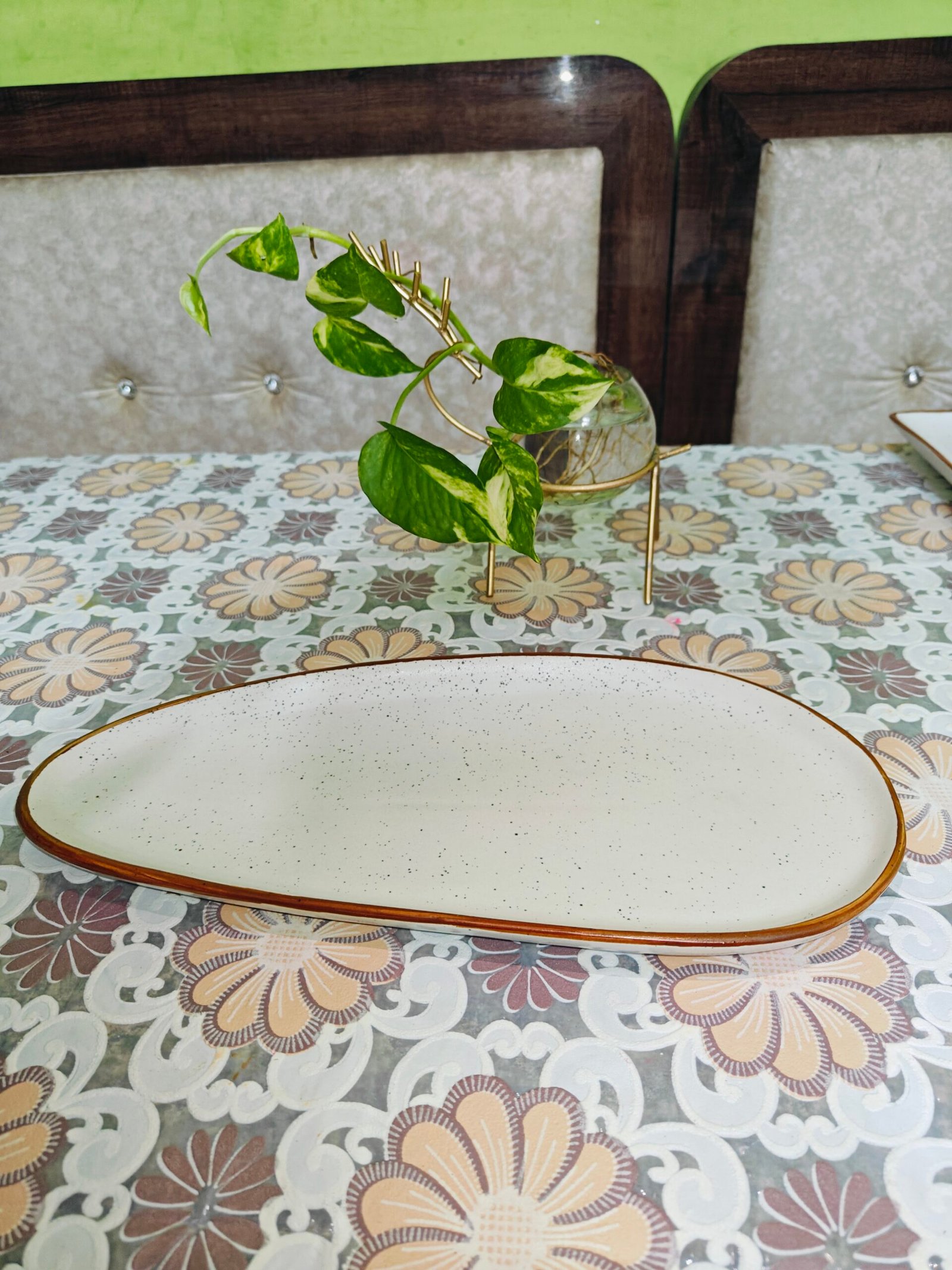 Ceramic Oval Platter: Off-White with Brown Border