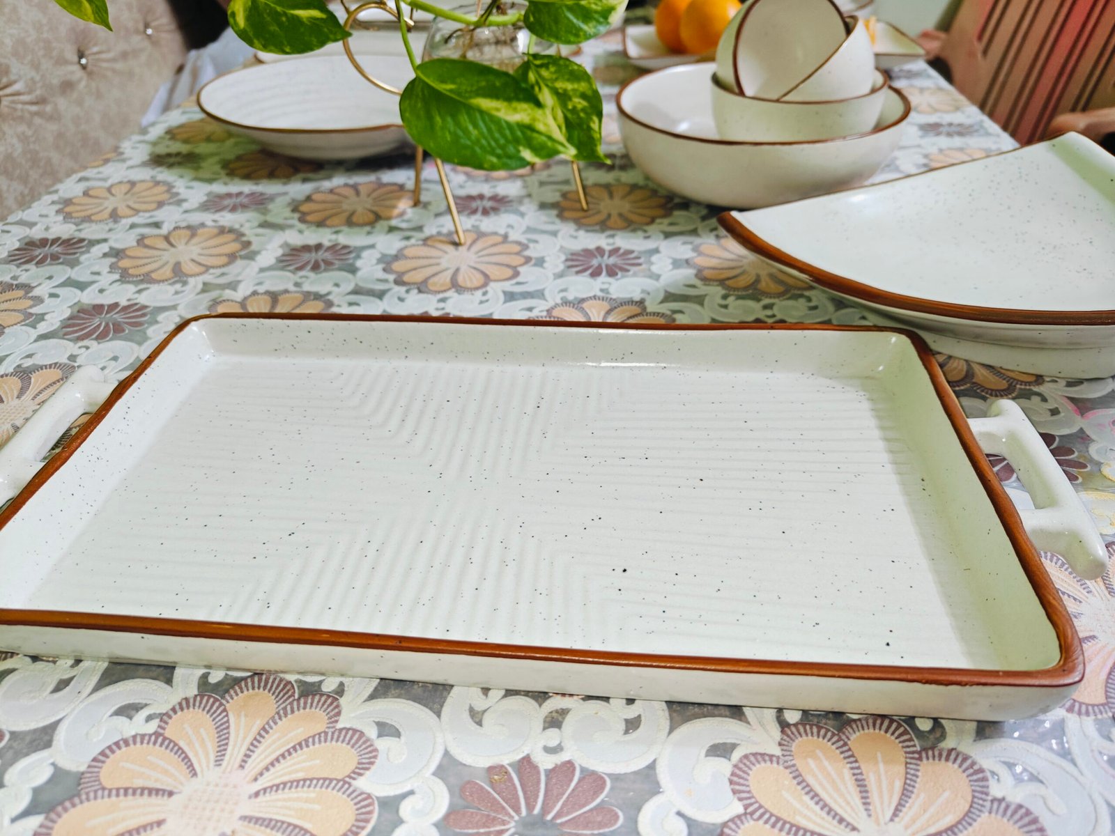 Ceramic Tray with Handle: Off-White and Brown Border