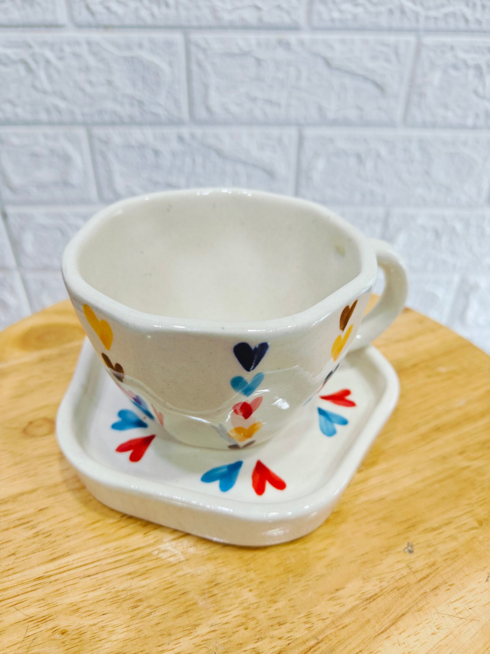 Ceramic Mug with Saucer:Colorful Heart print