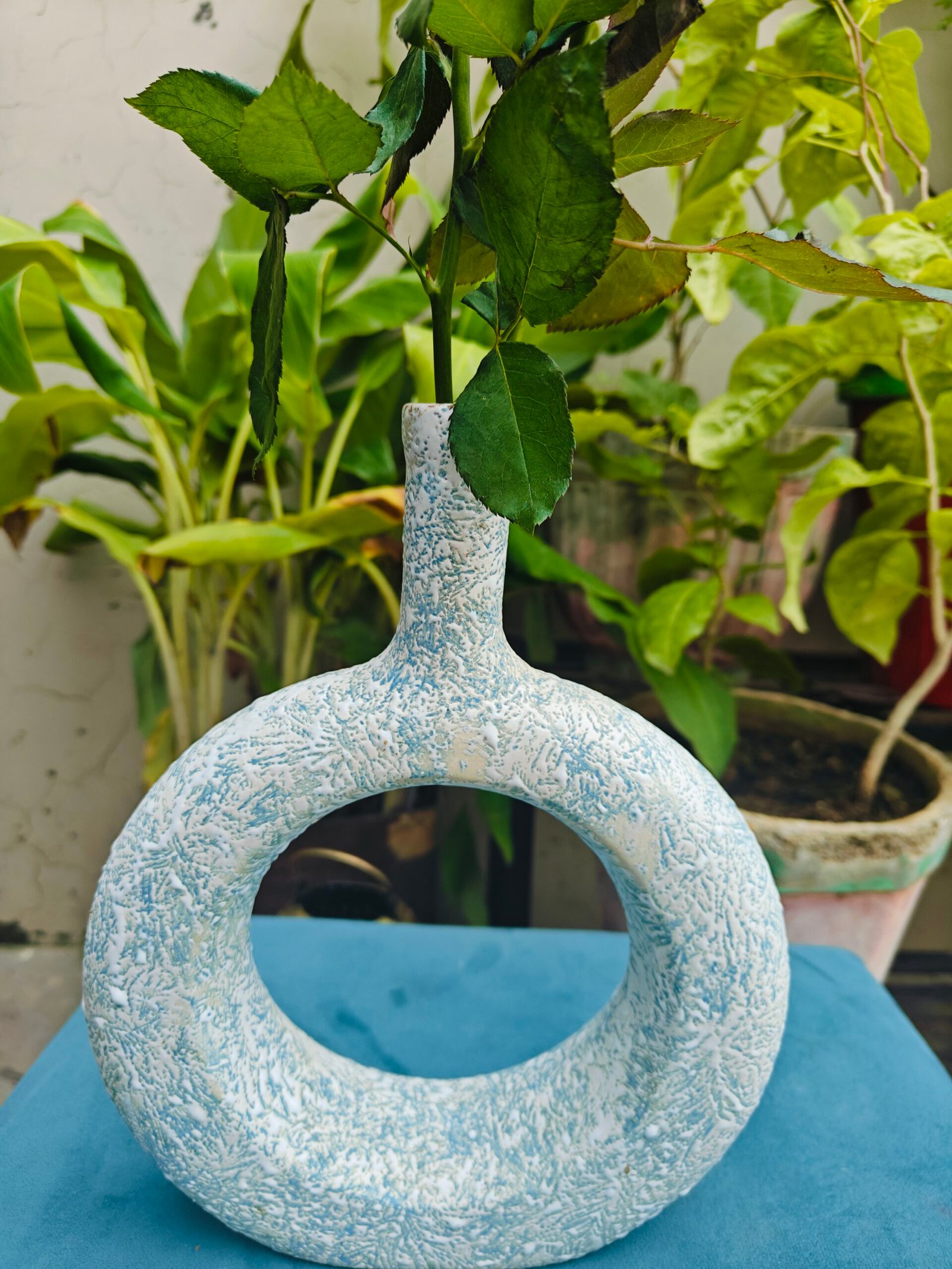 Ceramic Donut Vase: Blue Texture(10")