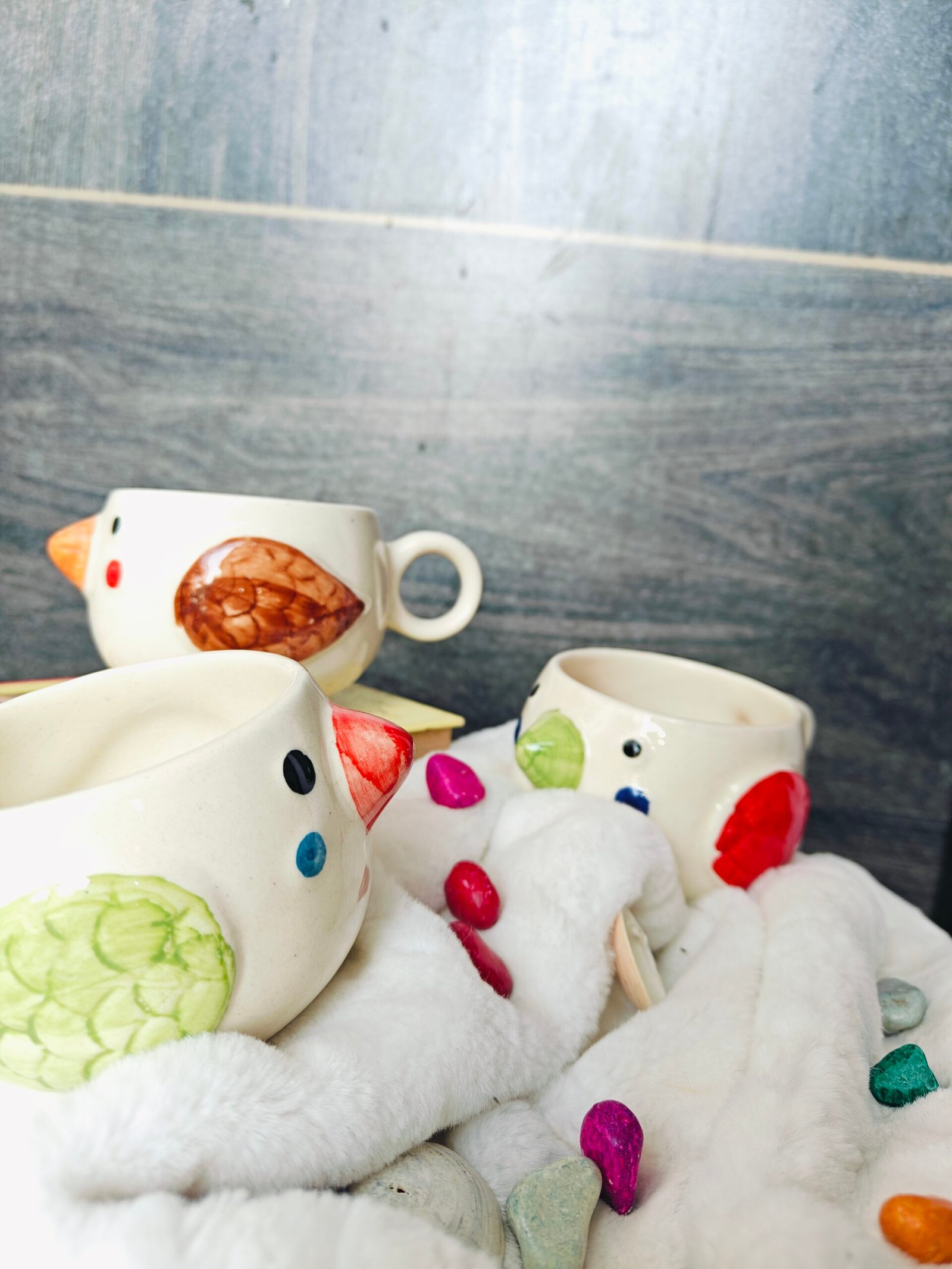 Bird Design Ceramic Cup with Saucer (Set of 3)
