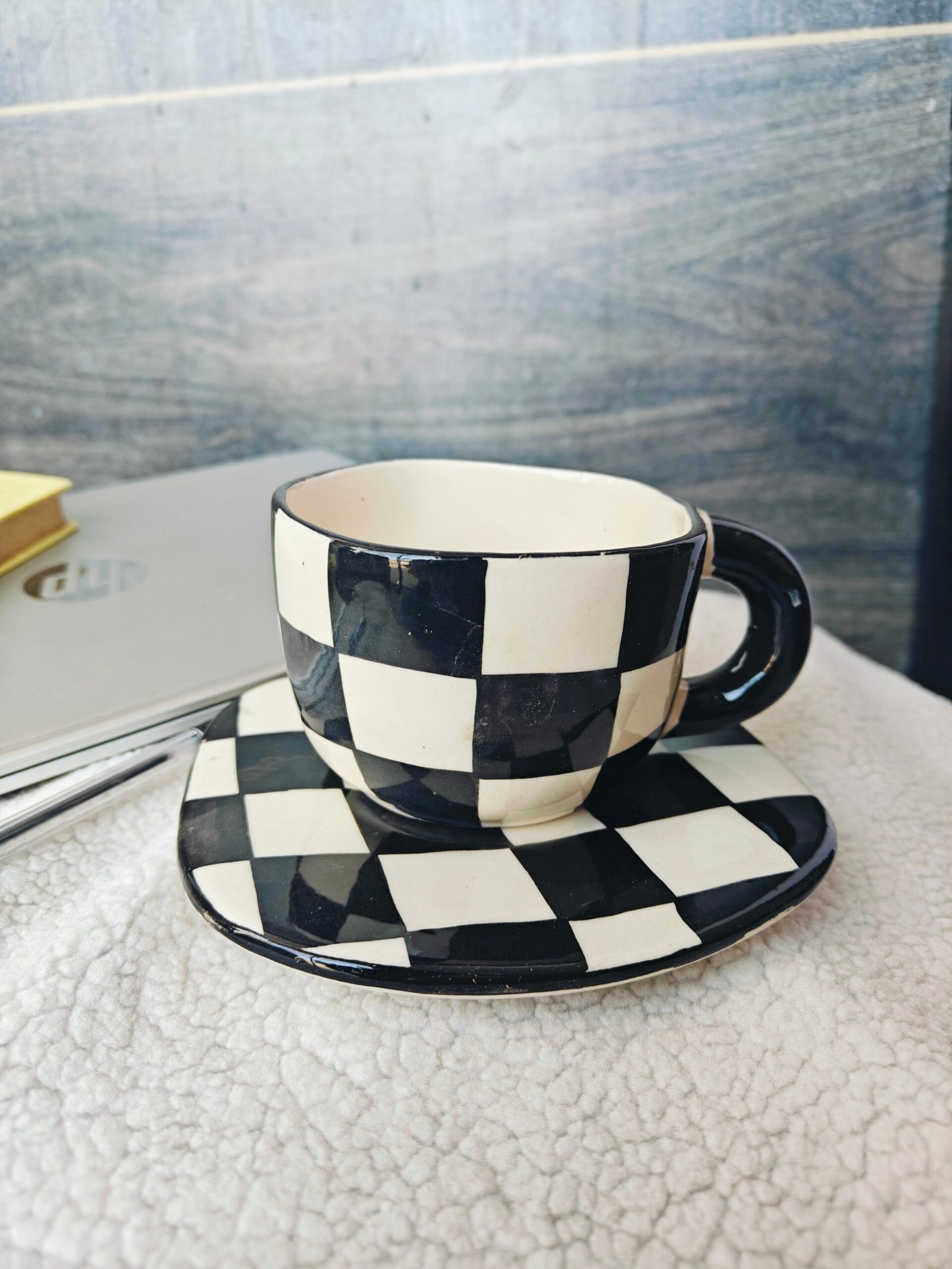 Chessboard Ceramic Cup With Saucer