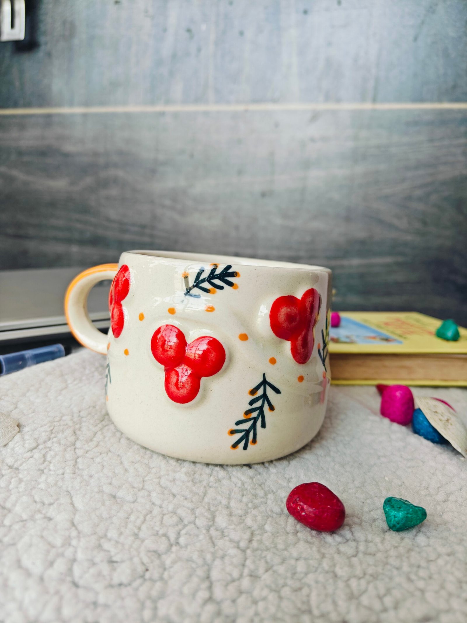 Ceramic Mug with Red Flower Design