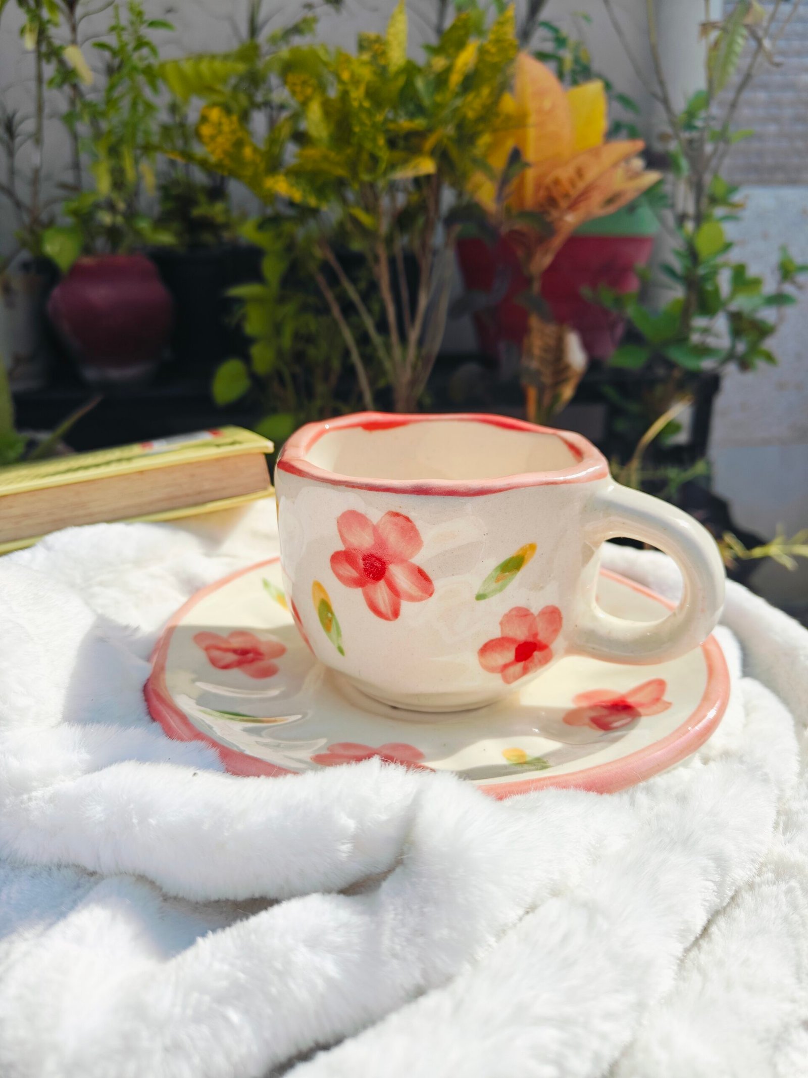 Ceramic Mug with Flower Print & pink border
