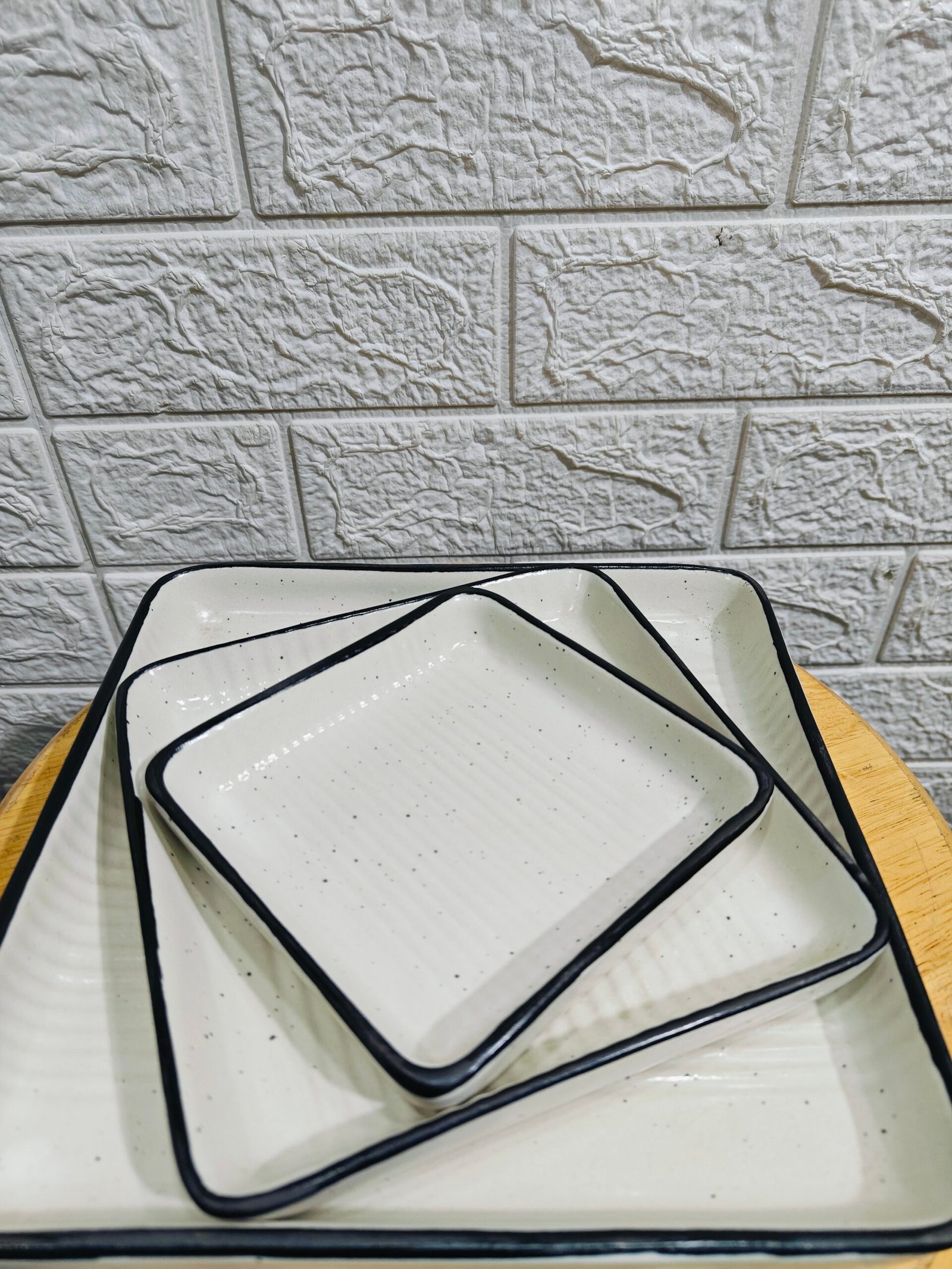 Ceramic Square Platter Set (White-Black border)