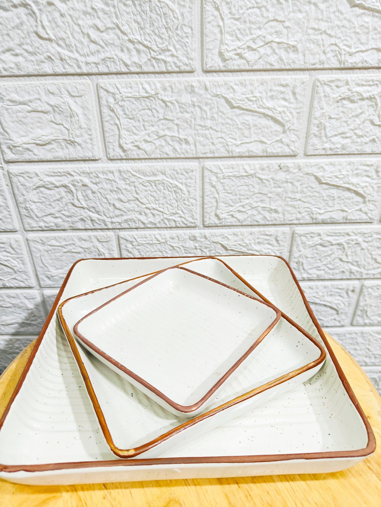 Ceramic Square Platter Set (White-brown border)